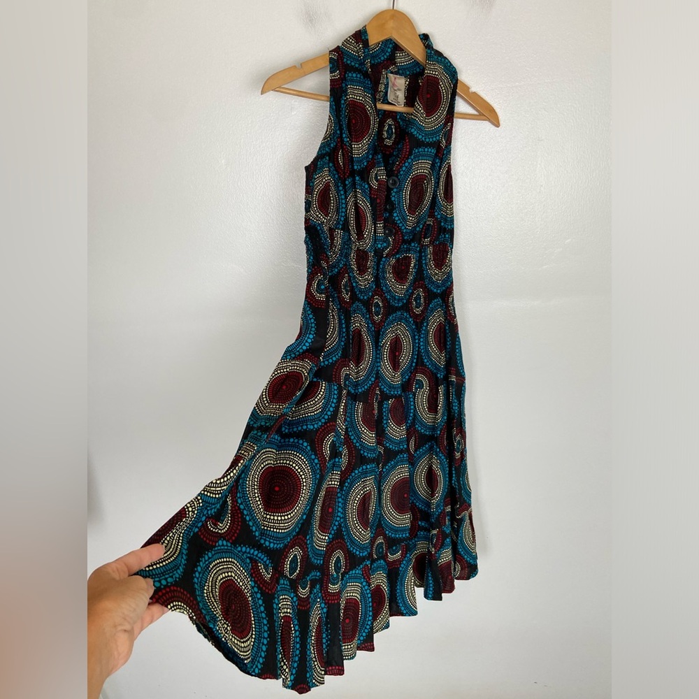 Kara Chic By NF Tiered Midi Dress One Sz Smocked Cotton Sleeveless Tribal Print